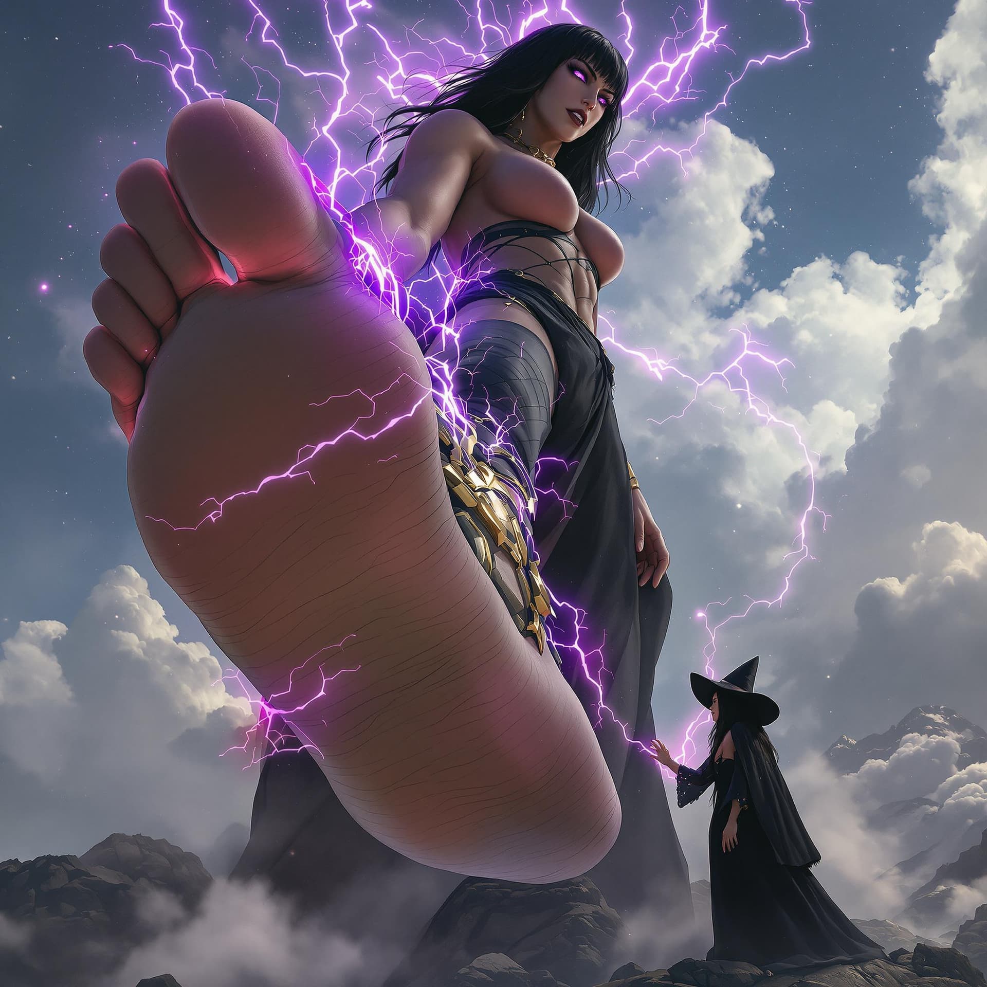 AI generated: 5 toes enormous giantess female Rhea Ripley from WWE with black medium length hair and straight bang...