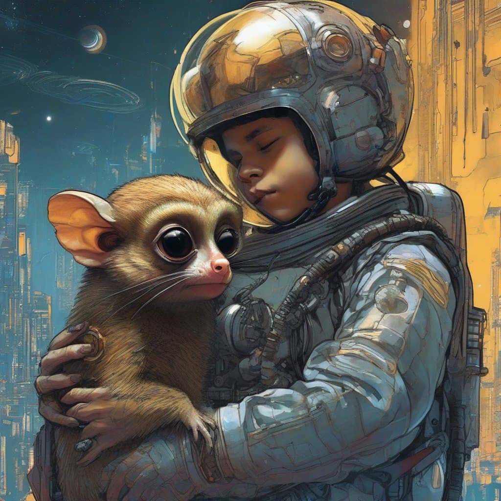 AI generated: An illustration of a young spacetraveller, caressing his pet ((a fantastic otherworldly hybrid tarsi...