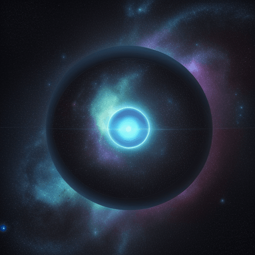 AI generated: Bola geométrica minimalista color guinda levitando frente a un portal nebuloso color azul que transp...