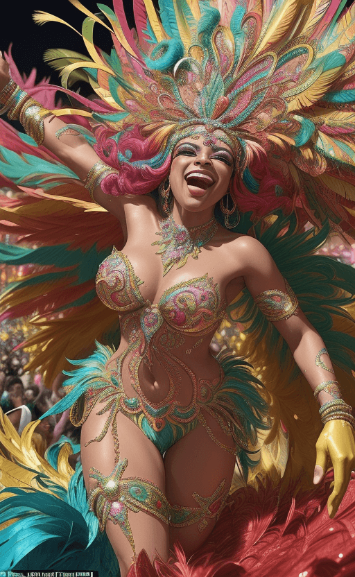 AI generated: A radiant figure, adorned in vibrant feathers and sequins, perches atop a kinetic, exuberant float t...