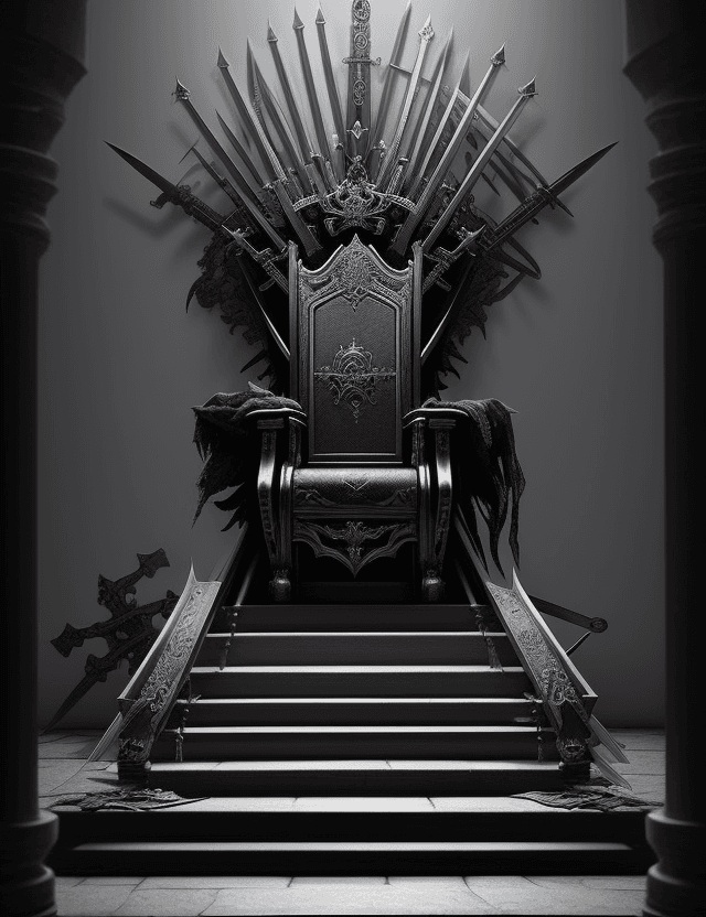 AI generated: A throne surrounded by many swords,The throne is empty,at the top of the stairs,empty,Swords in the ...