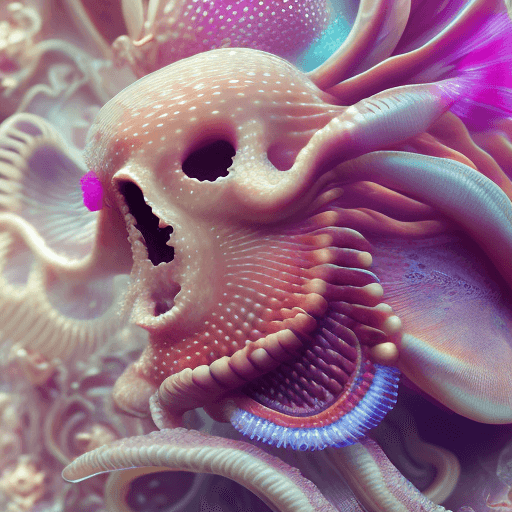 AI generated: Goddess close-up portrait ribcagel. jellyfish phoenix head, nautilus, orchid, skull, betta fish, bio...