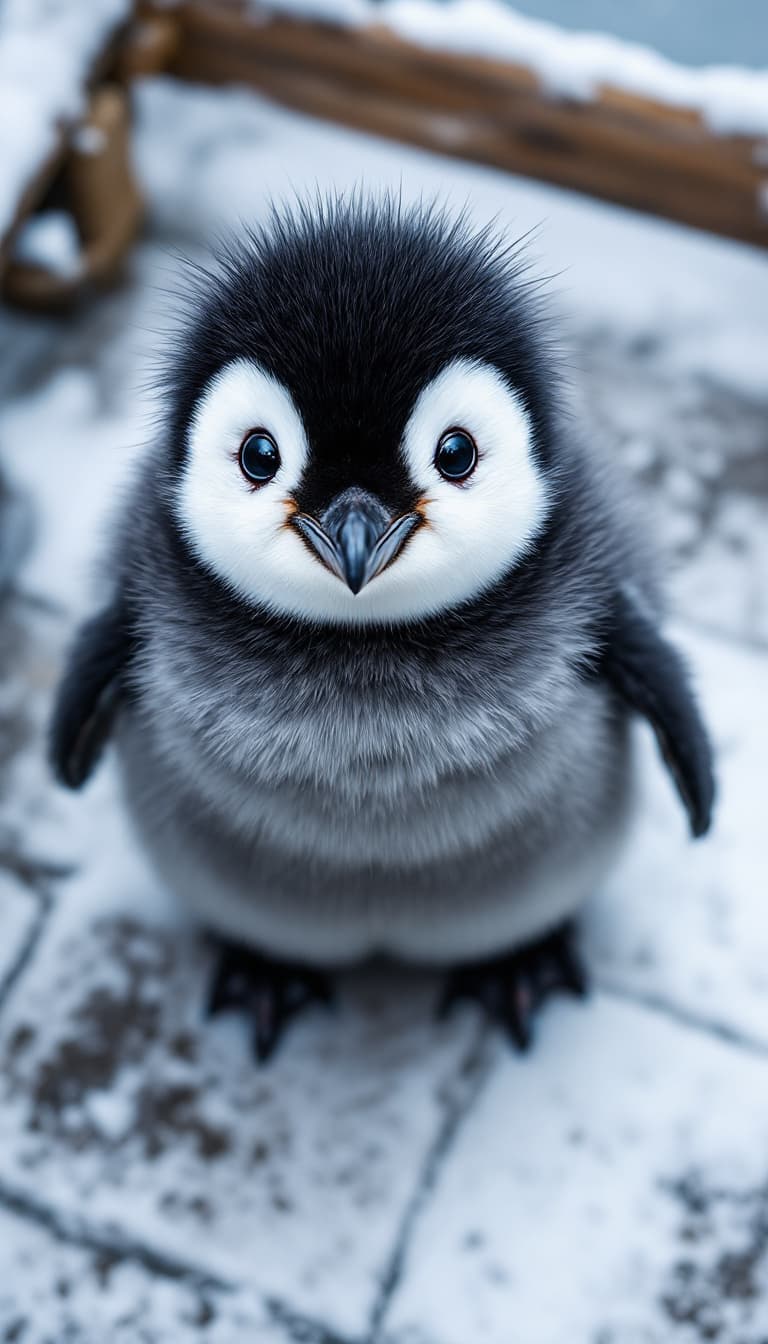 AI generated: An adorable baby emperor penguin with a round, fluffy body covered in thick dark gray feathers. Its ...