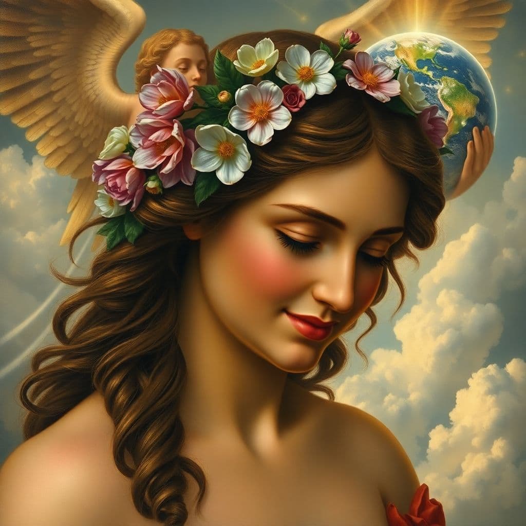 AI generated: A closeup of the beautiful Venus with flowers in her hair, painted in the style of old masters. She ...