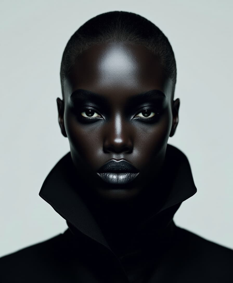 AI generated: Symetrical ultra Closeup of a dope faced model, dark sophisticated outfit, Minimalistic studio backd...