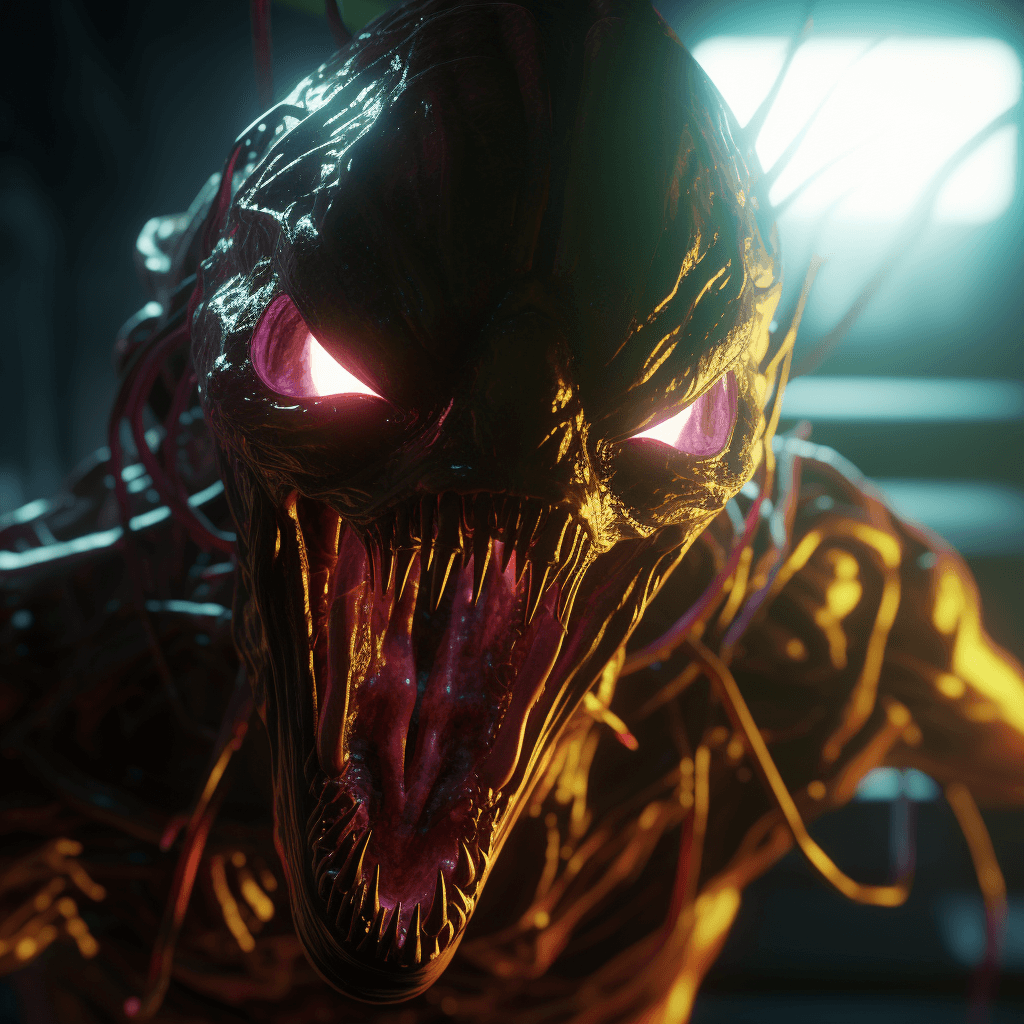 AI generated: A wicked alien with neon glowing eyes in a corner of a room, roaring, gnarling, mouth salivating, sh...