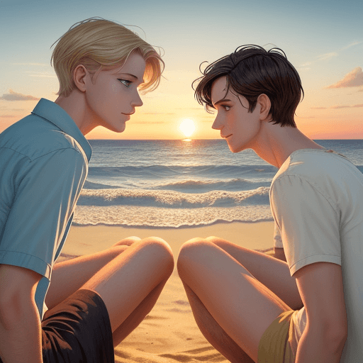 AI generated: sitting on the beach, two men, boys love, watching sunset in the seaside, couple,  Storybook illustr...