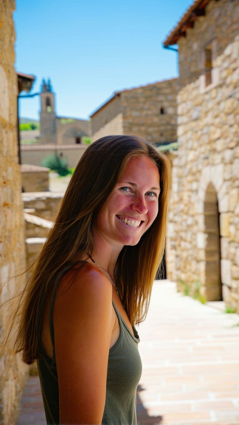 AI generated: A woman with long, straight brown hair stands outdoors in a sunlit historic setting, smiling warmly ...
