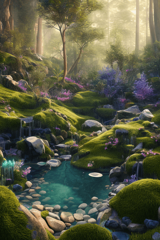 AI generated: relaxing night Forest flower crystals::4 emitting glitter garden landscape with pool of clear water ...