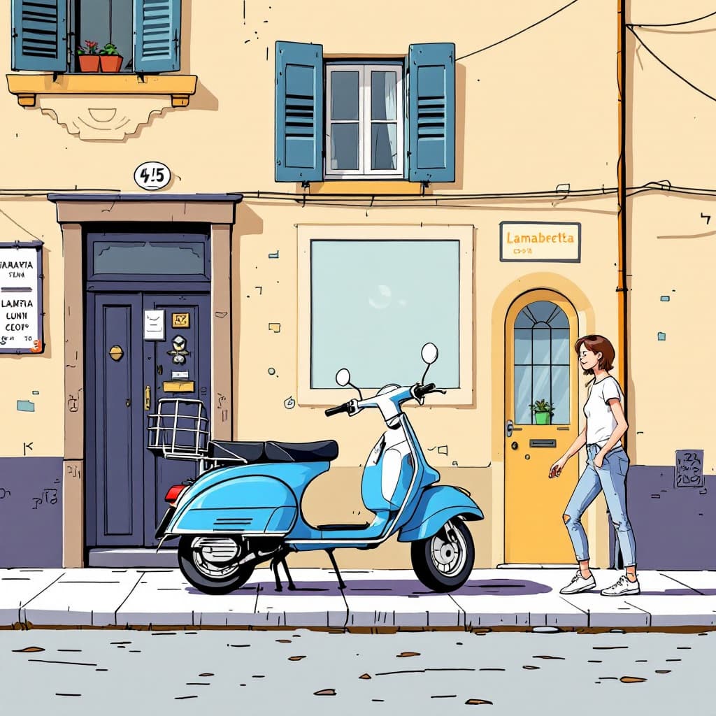AI generated: A blue and white  Lamabretta moped parked in front of an old building with windows, flat graphic nov...