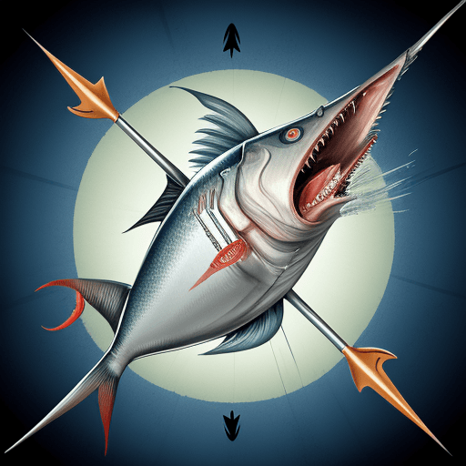 AI generated: A fish with a trident, fighting a tuna with big teeth