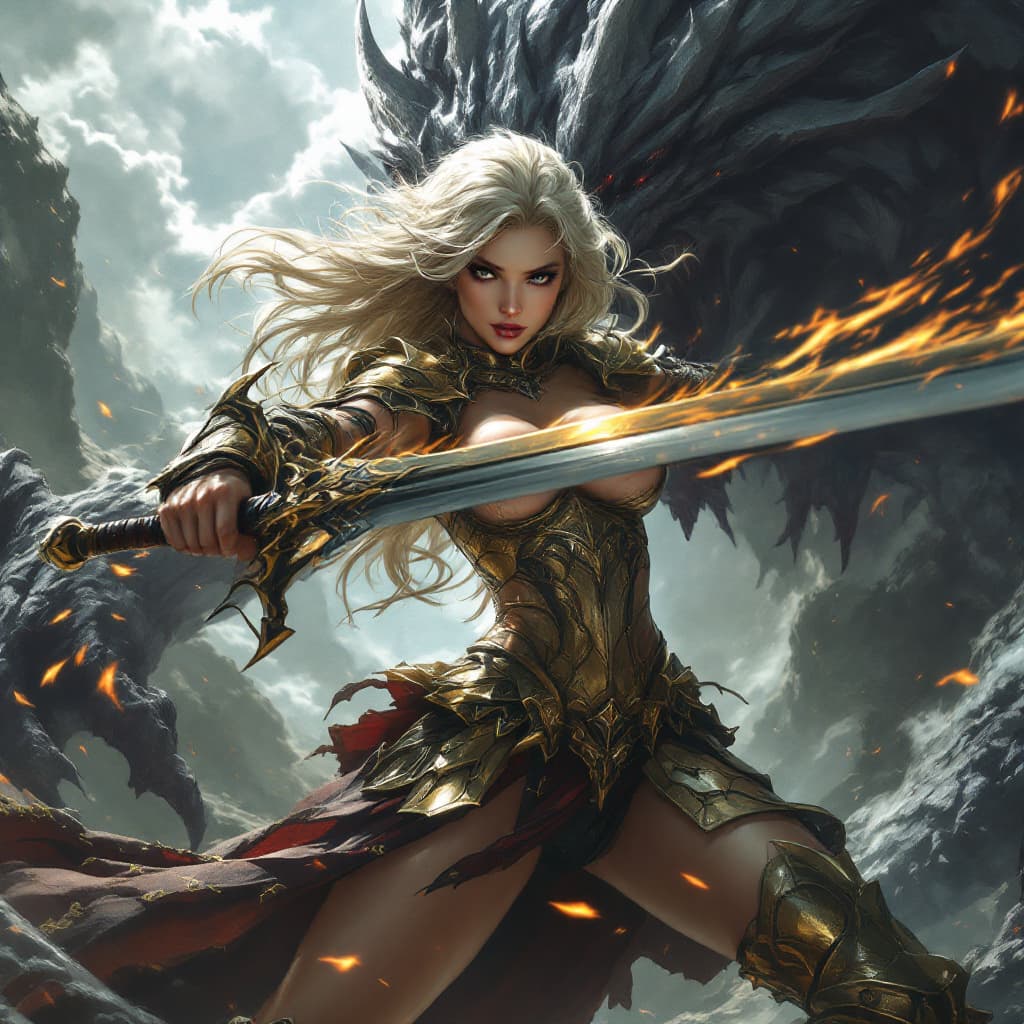 AI generated: perspective, view from side, full body shot of fantastic 1girl warrior fight with monster, holding s...