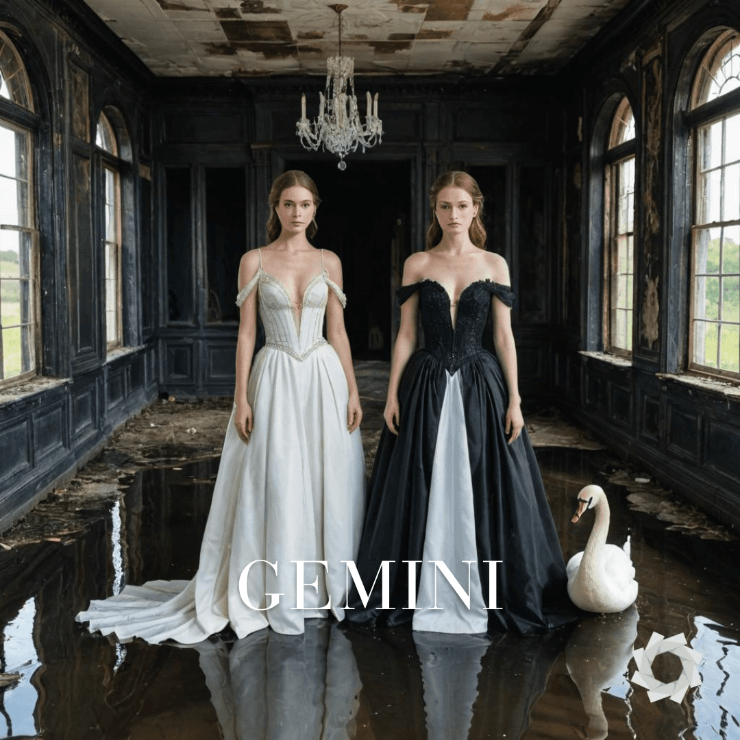AI generated: full length portrait of two twin women in a royal modest gowns representing Gemini zodiac sign, ultr...