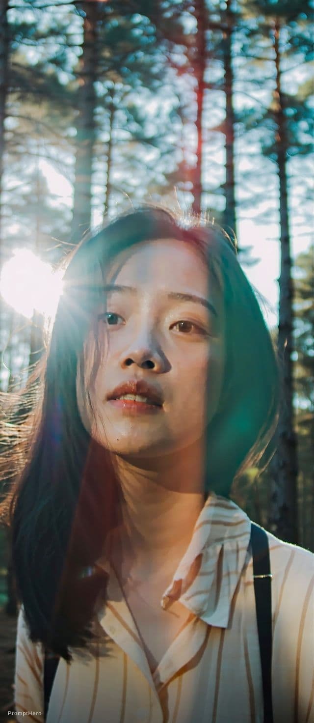 AI generated: A cinematic portrait of an Asian woman standing in a quiet forest, captured in a spontaneous moment ...