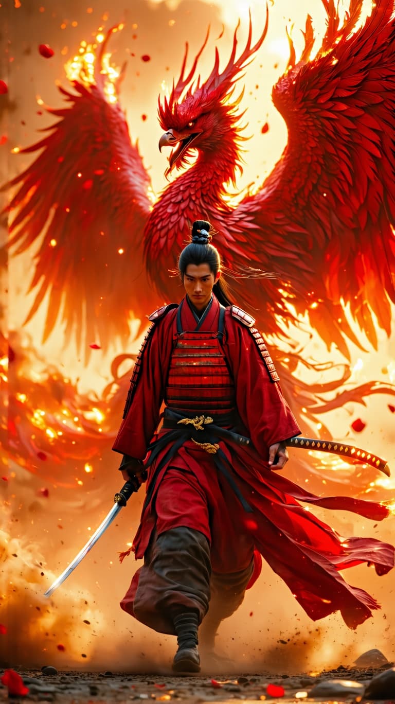 AI generated: An ultra-realistic, full-body portrait, forward facing, of a young, regal Japanese samurai strides f...