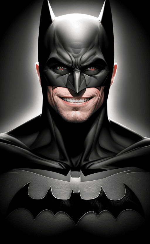 AI generated: Portrait of Batman, manly smile, with strong teeth, frontal view, x-ray photography, negative