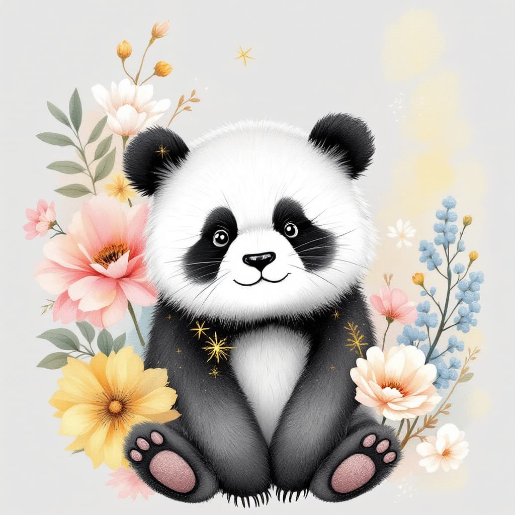 AI generated: Beautiful watercolor and pastel-colored illustration featuring fashion grey and GOLD Panda with happ...