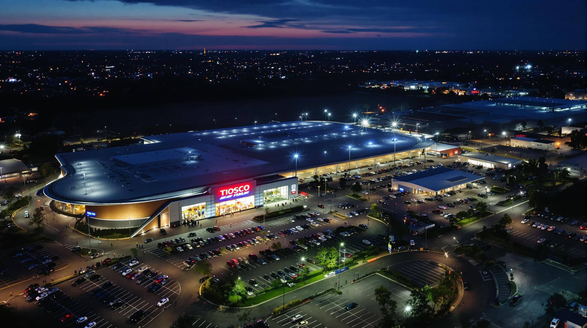 AI generated: Shot from a drone, A large supermarket called BIG TESCO shot at night, LED lights, car park with lig...