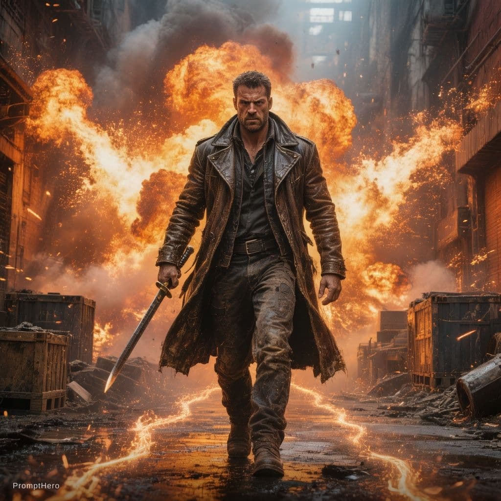 AI generated: ultra realistic cinematic action movie poster, a powerful rugged man walking forward in the center o...