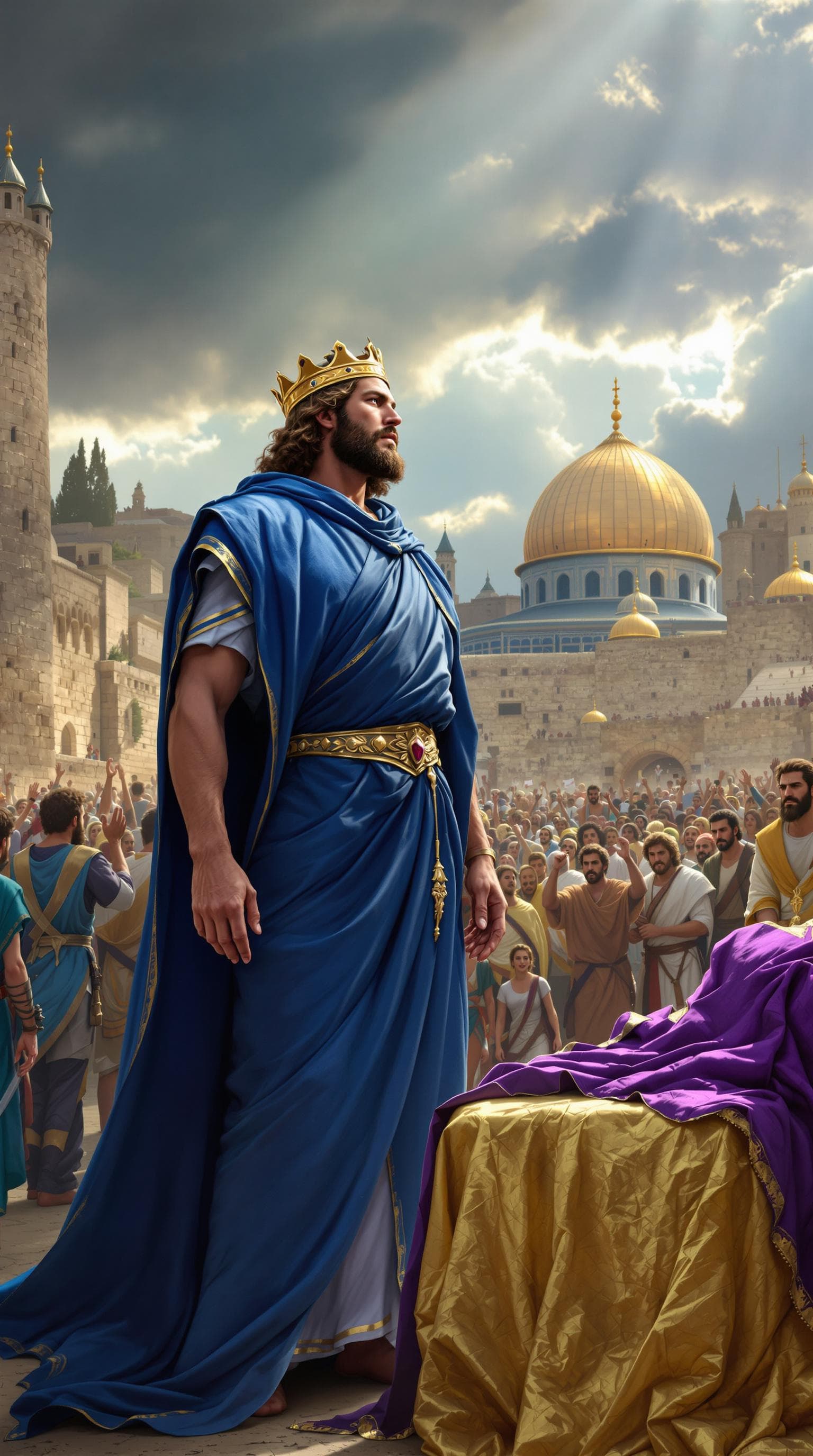 AI generated: King David (age 30, regal blue robe, golden crown) stands before Jerusalem. The torn purple fabric o...