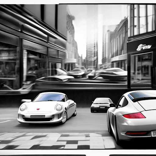 AI generated: Porshe 911 :: Harsh, directional light from behind :: Busy background with lots of activity :: Car p...