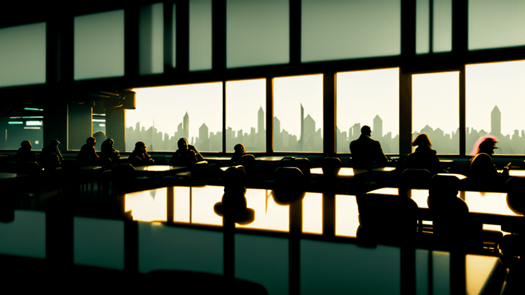 AI generated: Cyberpunk cafeteria with a few people during daylight Far away perceptive