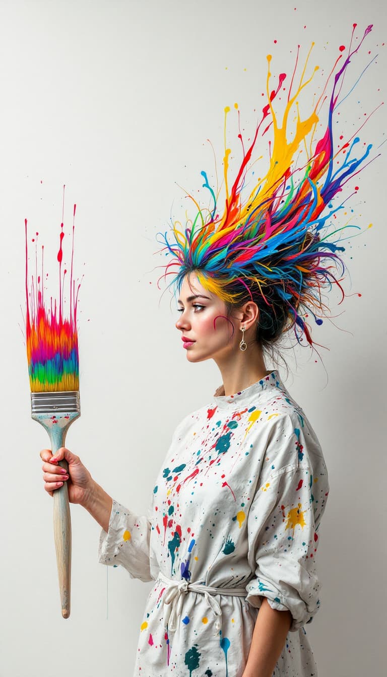 AI generated: 3. A dynamic, three-quarter portrait of a woman wielding a colossal, sentient paintbrush that seems ...