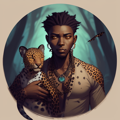 AI generated: painting of an African male vampire sleeping with a leopard on his back, the leopard man portrait, l...
