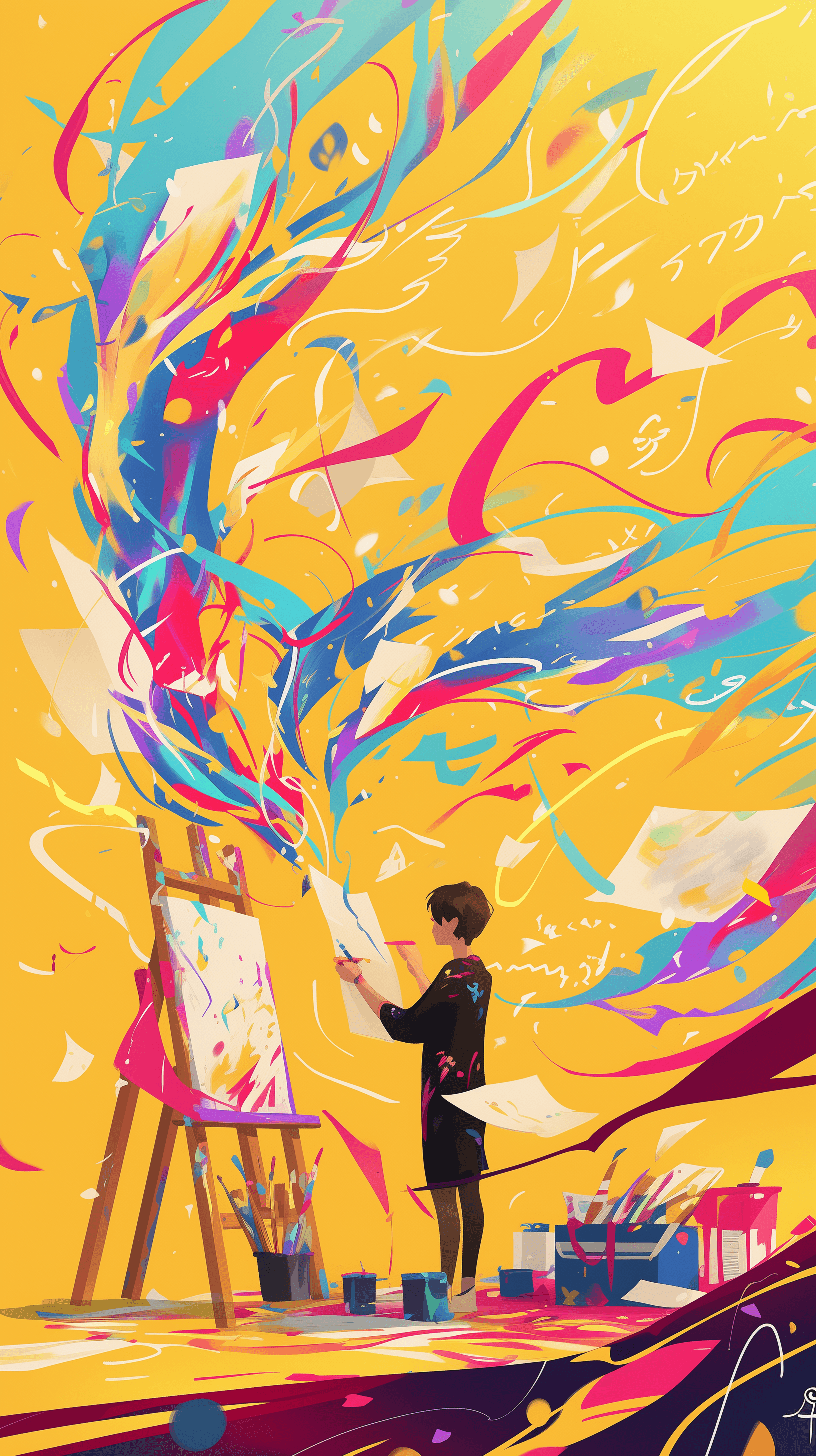 AI generated: digital illustration of an artist finishing an abstract mural, filled with chaotic yet harmonious co...