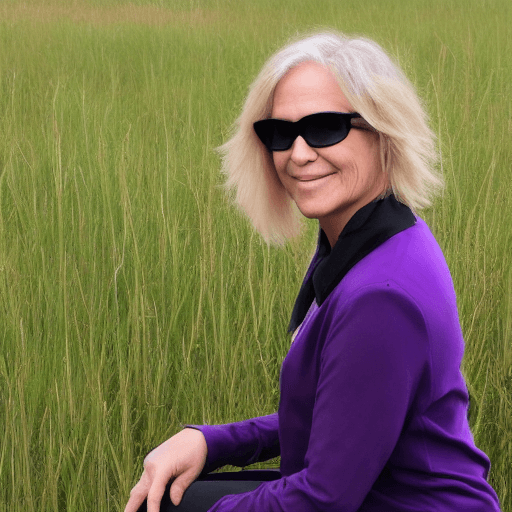 AI generated: 50 years old woman, blond short hair, rectangular black glasses, wearing purple and black clothes in...