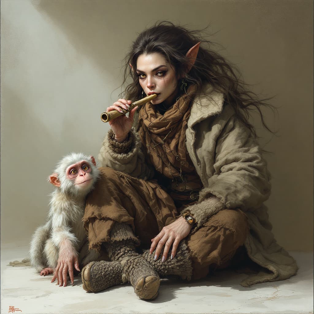 AI generated: a simiah woman from daggerheart, humanoid monky, transvers flute, fantasy figur, a puffy wool coat t...