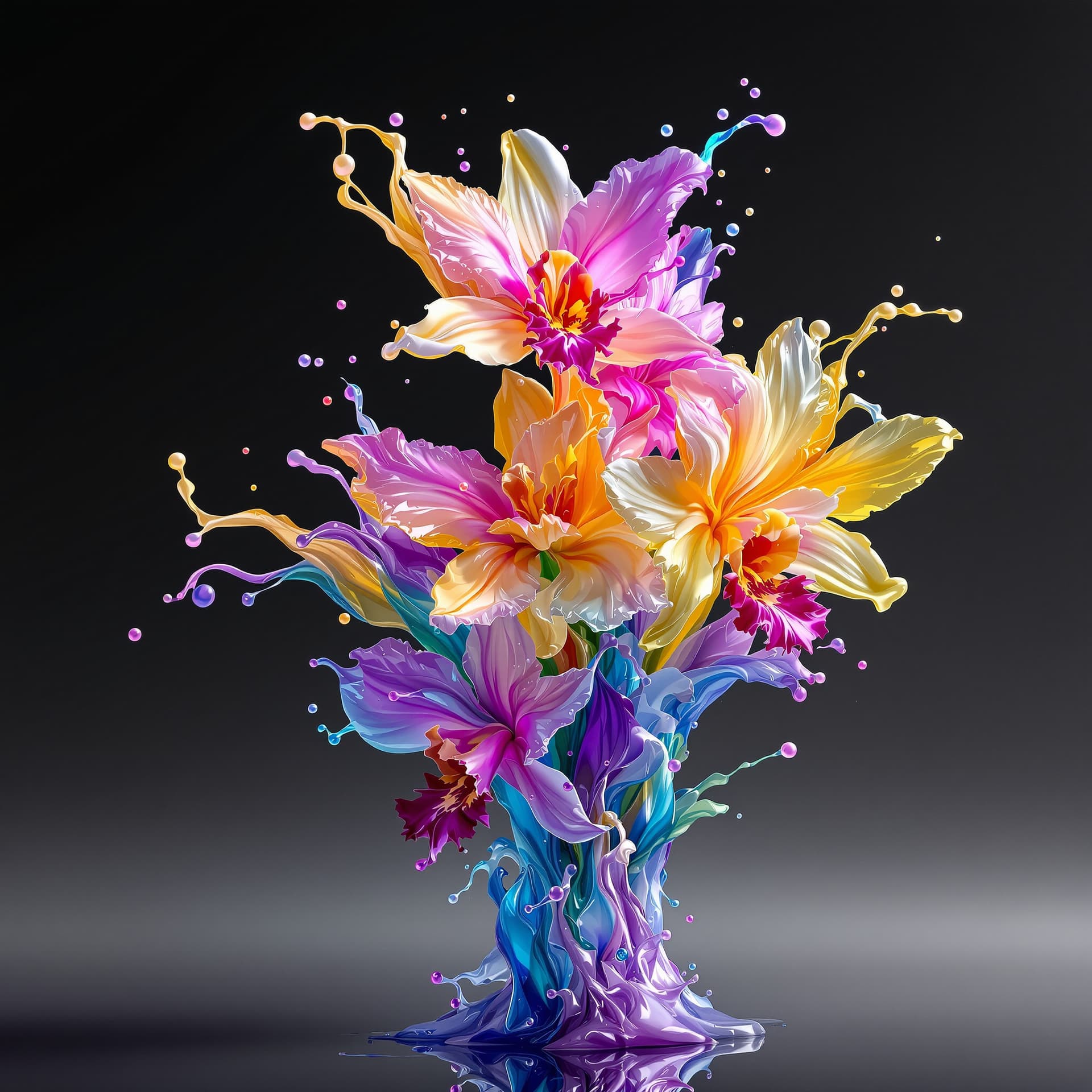 AI generated: 3d orchids flowers made of fluids  transparant liquid paint vivid and multicolored wet look joined t...