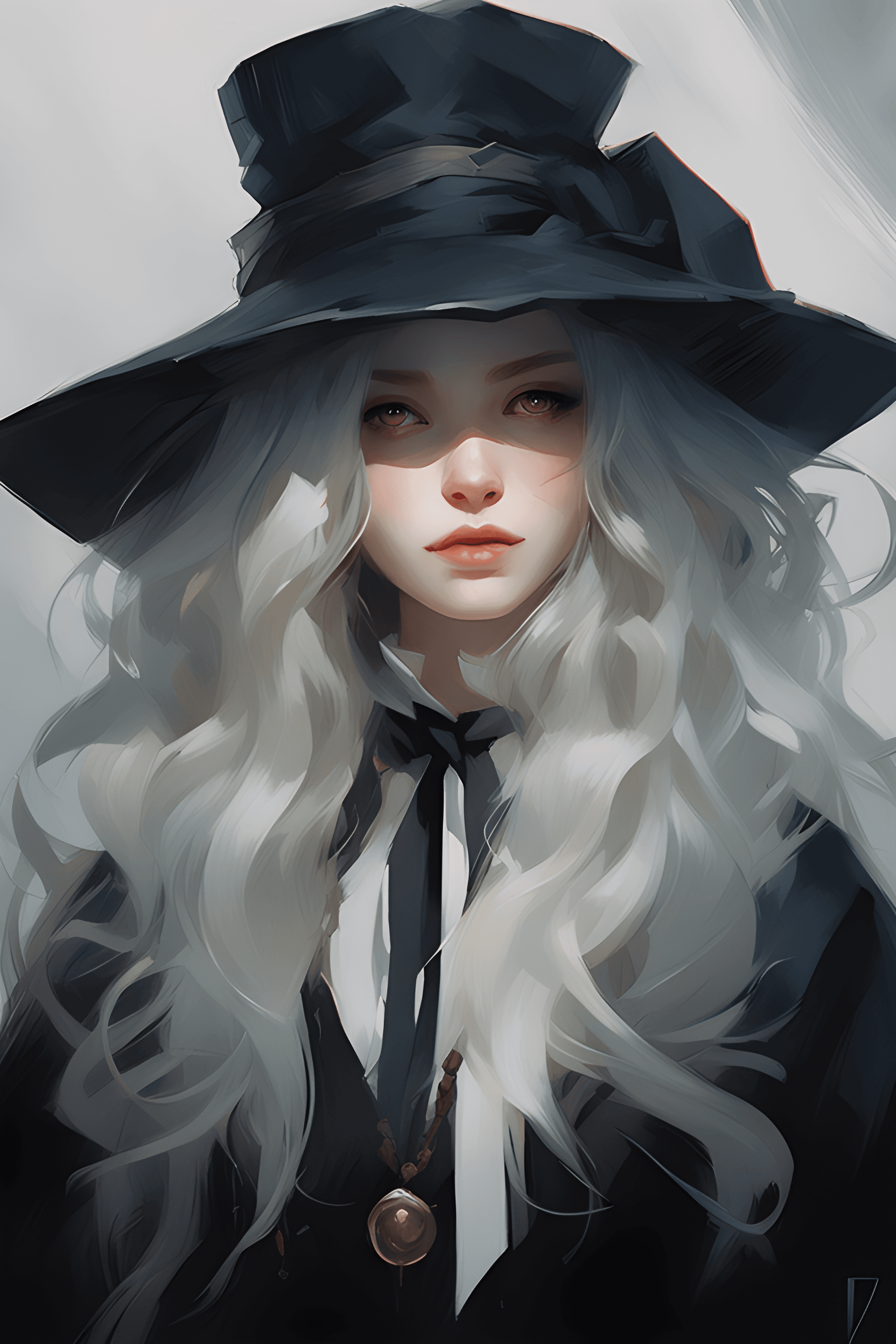 AI generated: a close up of a woman with a hat and a long white hair, artwork in the style of guweiz, portrait of ...