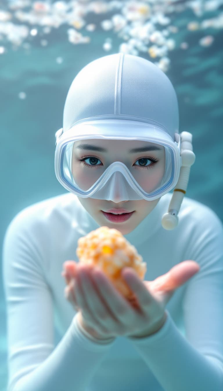 AI generated: High resolution image. A Korean woman wearing a white freediving suit and goggles is looking at a co...