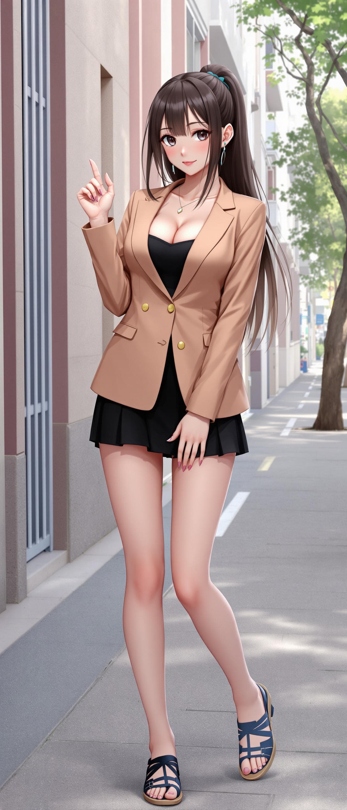 AI generated: 3D anime, beautiful, wearing a casual clothes , suit jacket, strapless, black mini skirt,  thighs le...