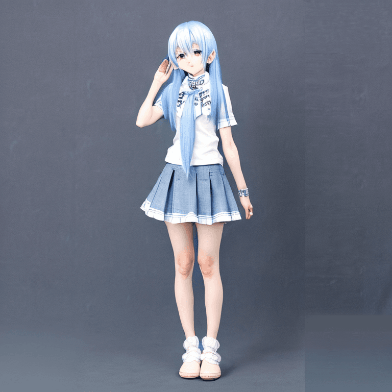 AI generated: anatomically correct, full body t-pose view of anime style wolf girl with Chambray blue and white ha...