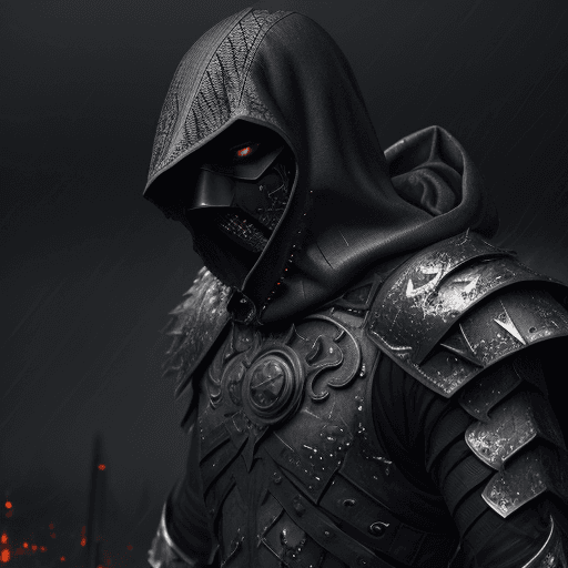 AI generated: masked man, dark torn hood, dark rainy foggy night, intricate dark and chrome battle damaged armor, ...