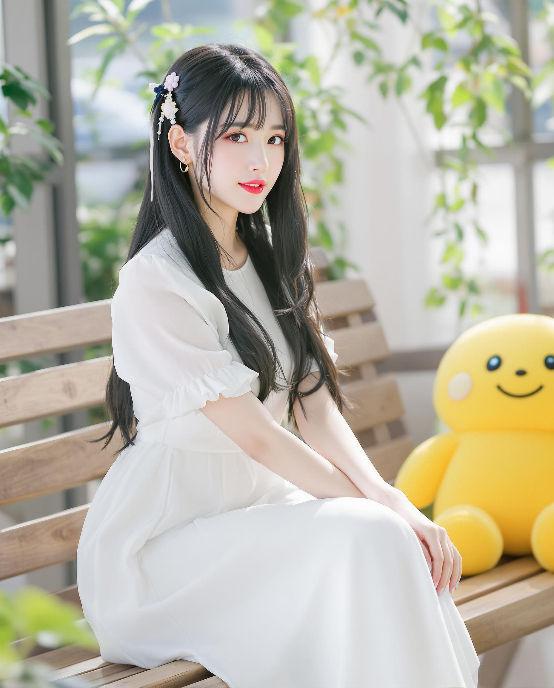 AI generated: a woman Koren girl , Koren ulzzang face, sitting in a bench the arms on knee back, black hair, hair ...