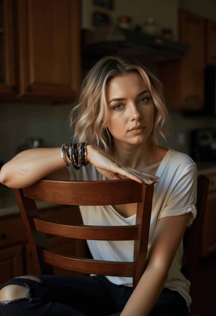 AI generated: A woman sits confidently in a dimly lit kitchen, the early morning hours casting a warm glow over th...