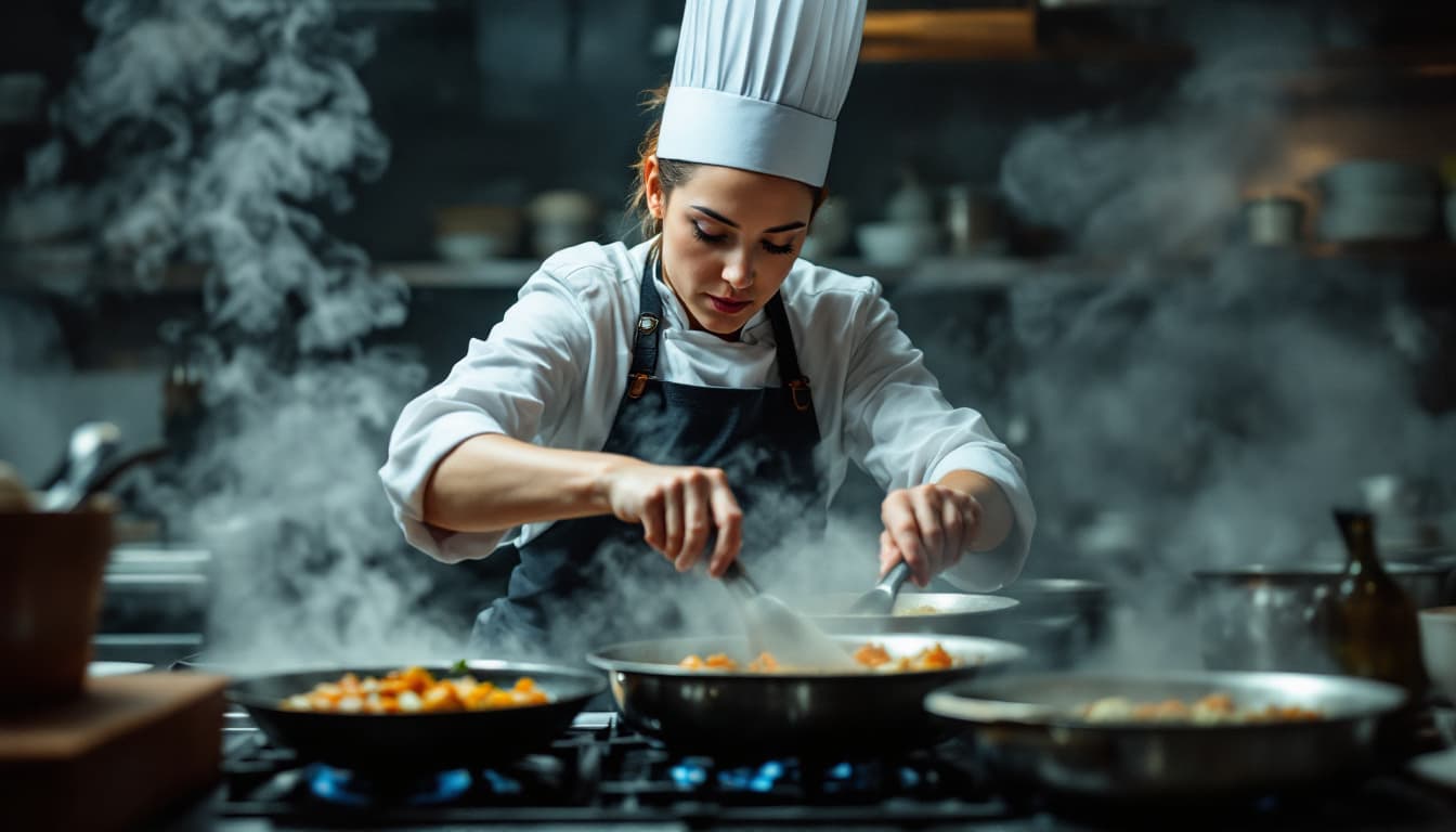 AI generated: Full body shot. female cook. Wide shot. Deep focus. (Shot at some distance:1.3) . A captivating cand...