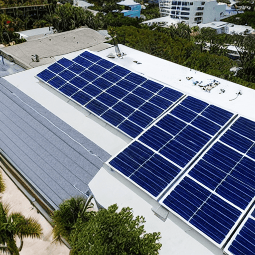AI generated: Flat commercial roof top with solar panels in a south florida area