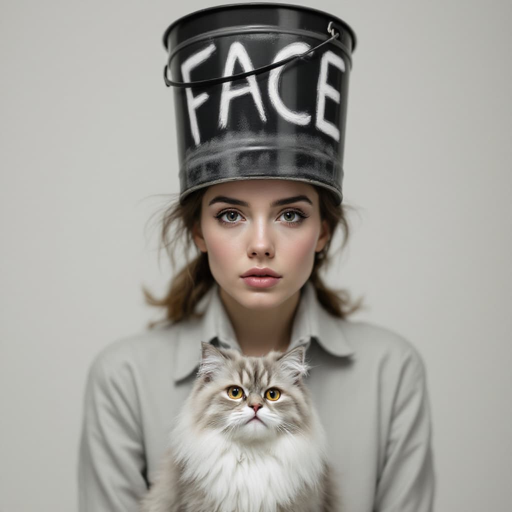 AI generated: A photo model with a bucket over her head, the bucket is displaying the text: "FACE". In the foregro...