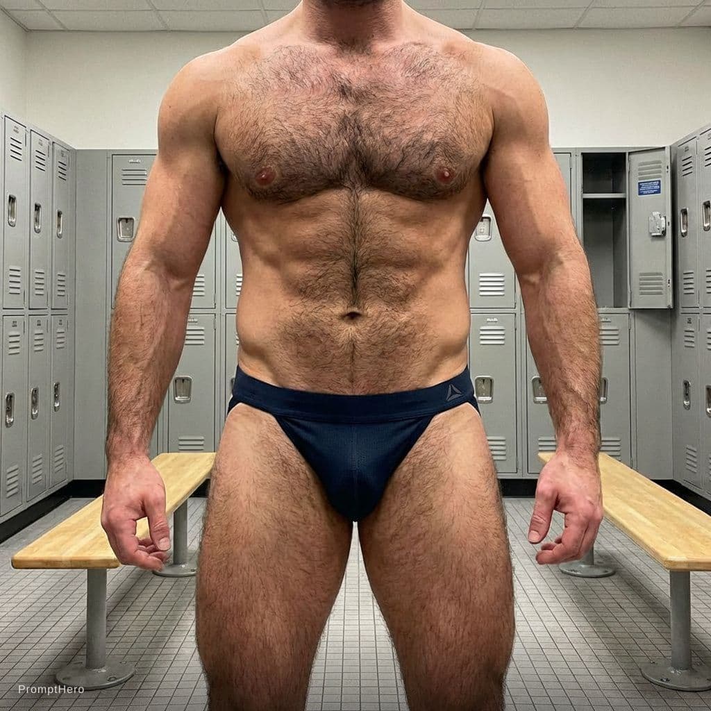 AI generated: Man with muscular body and hairy chest and pubic hair, In a jockstrap with hairy legs