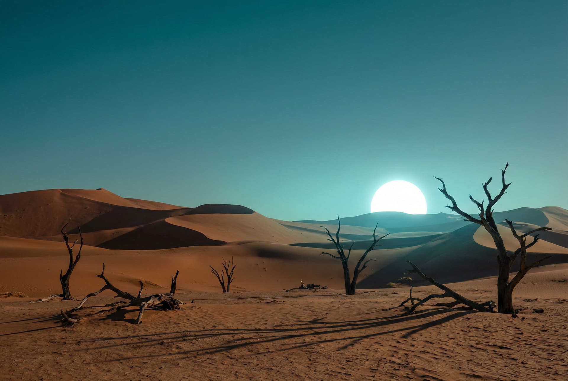 AI generated: a scenic landscape with desert dunes and dead trees but the sky has a more teal color  with no cloud...
