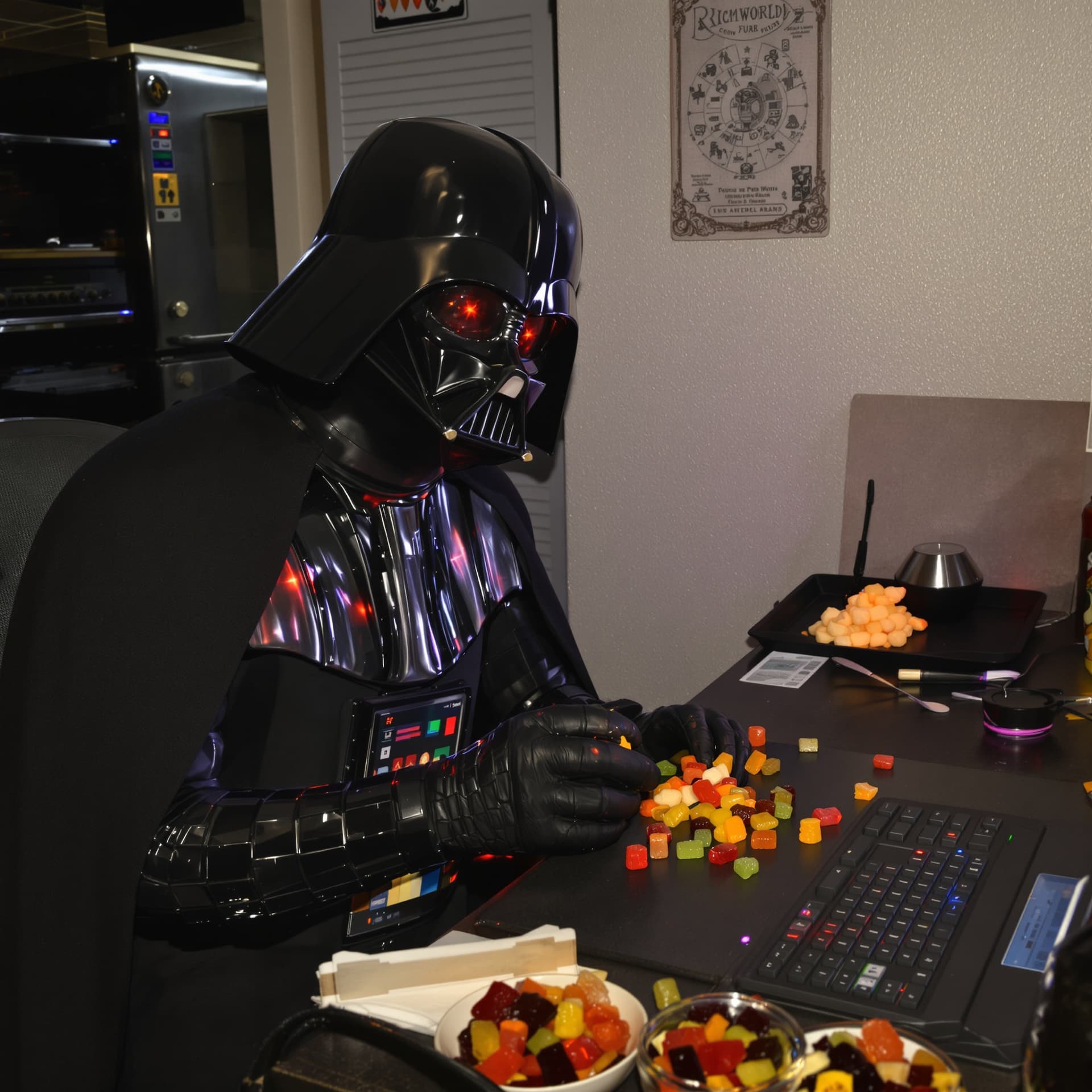 AI generated: A man with a darth vader costume playing rimworld and taking thc gummies