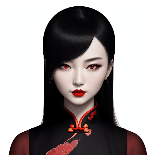 AI generated:  Chinese ink style portrait of Chinese photographer Zhang Jingna, wearing a black dress and red lips...