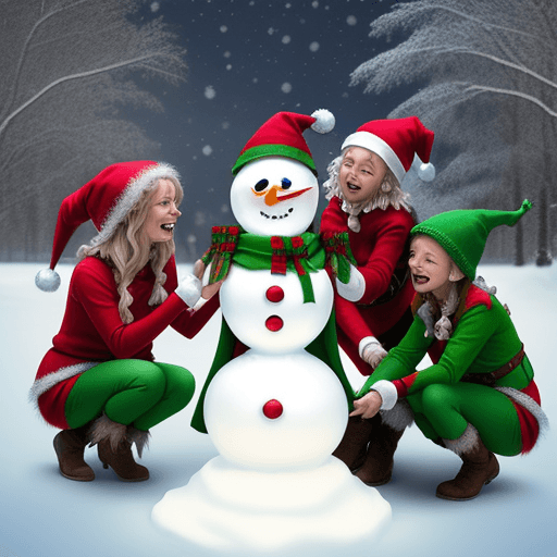 AI generated: group of christmas realistics elves happily building a snowman --v 4