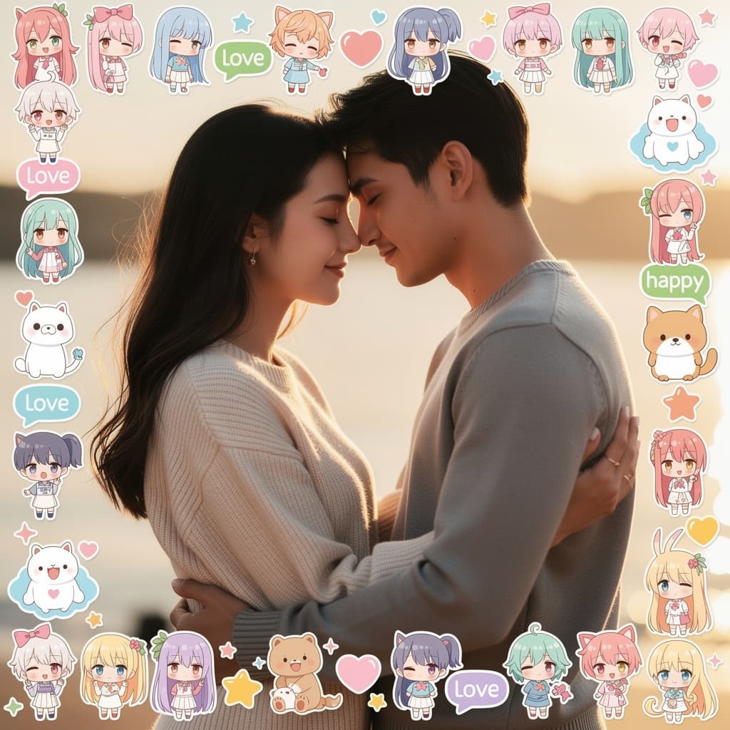 AI generated: Image lined by anime stickers, photorealistic woman holds mans intimate organ from between his knees