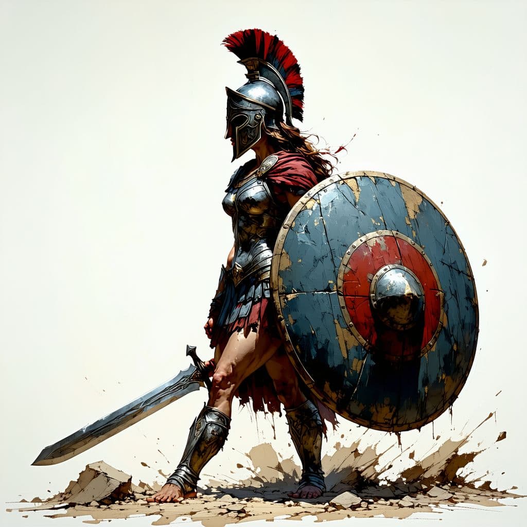 AI generated: Comic book realistic illustration, full body shot of a young gorgeous Spartan woman with thick aesth...