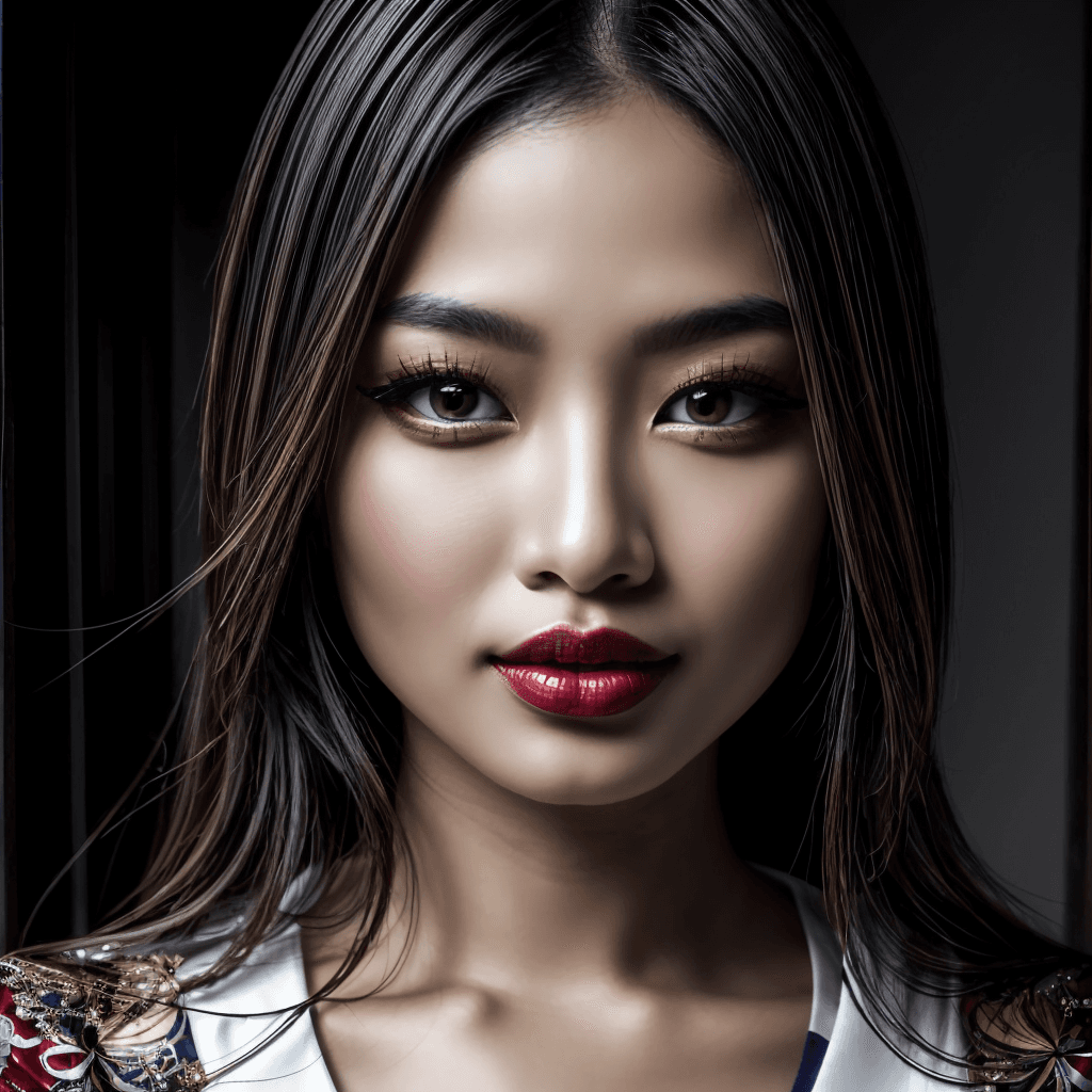 AI generated: Beautiful Asian woman, porcelain skin, flawless and radiant, ethereal beauty, monolid eyes dark and ...